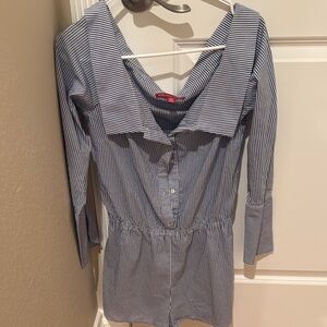 Blue 3/4 Sleeve Fitted Button Down Top with Sailor Collar